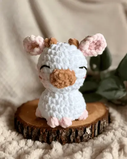 [C/MAGGIE-BLRP] MAGGIE - Peluche Vachette Blanc / Rose pâle en crochet