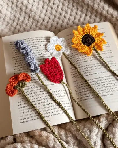 [C/5MP-FL] Lot de 5 Marque-pages Fleurs en crochet
